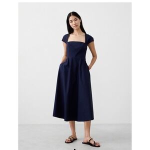 NEW! Banana Republic Womens  Square-Neck Midi Dress Cotton Poplin Navy Sz M $140